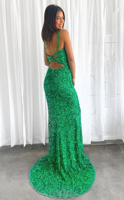 RP056-Chanrming Sexy Mermaid V-Neck Sleeveless Side Split Sequins Long Prom Evening Dresses Formal Occasions Party Gowns