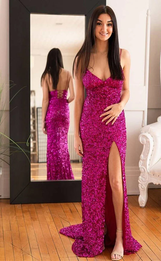 RP136-Sparkling Mermaid Spaghetti Sleeveless Sequins Long Prom Evening Formal Party Gowns With Slit