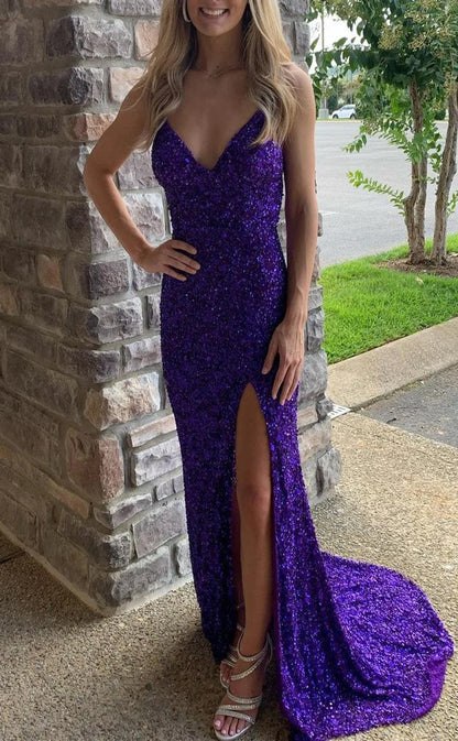 RP136-Sparkling Mermaid Spaghetti Sleeveless Sequins Long Prom Evening Formal Party Gowns With Slit