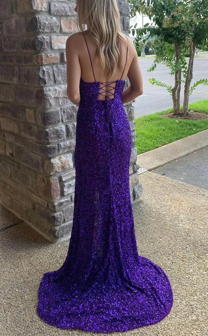 RP136-Sparkling Mermaid Spaghetti Sleeveless Sequins Long Prom Evening Formal Party Gowns With Slit