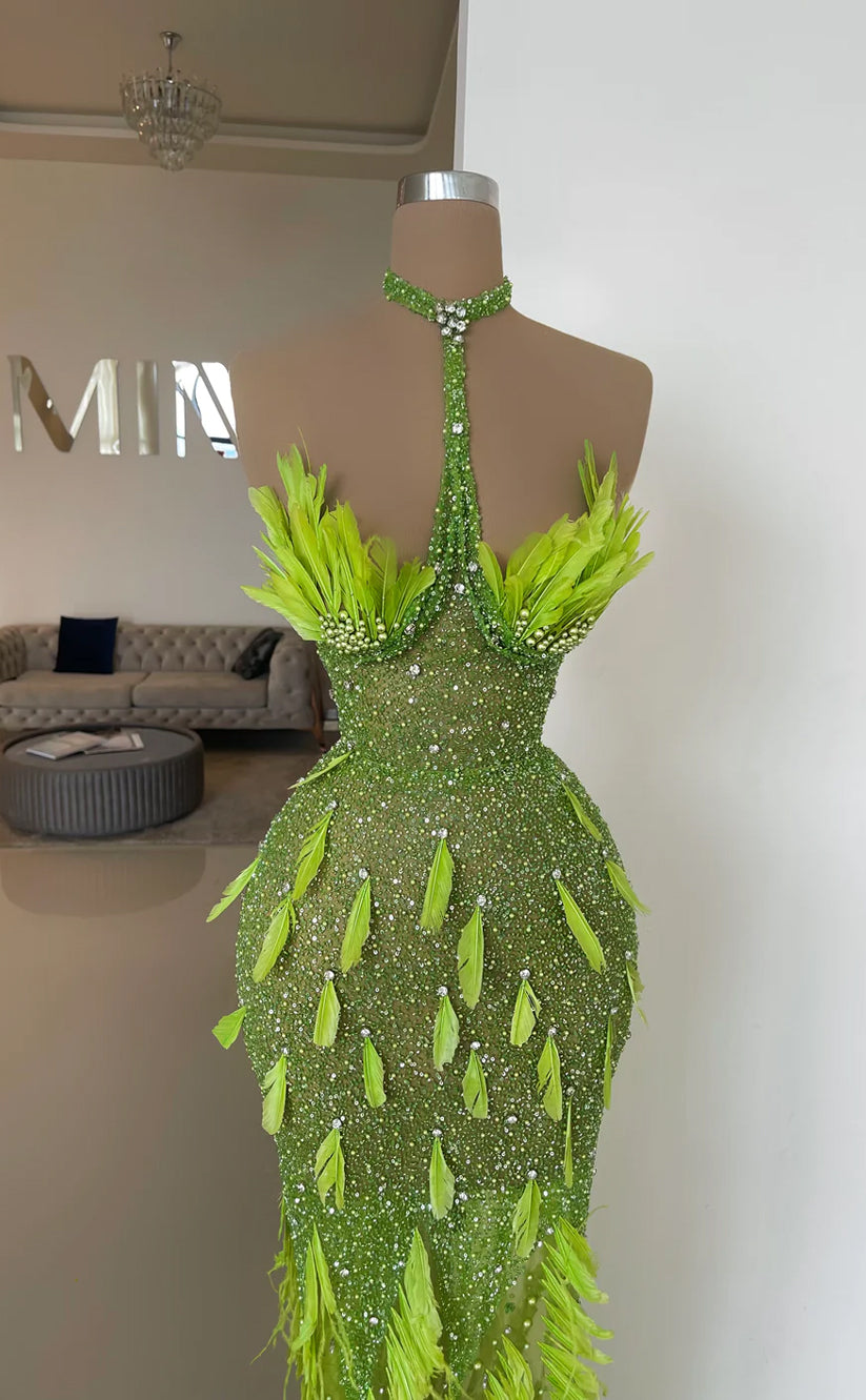 RP663-Sparkling Green Mermaid High Neck Beads Crystals Feathers Sleeveless Floor Length Prom Evening Dresses Formal Party Gowns