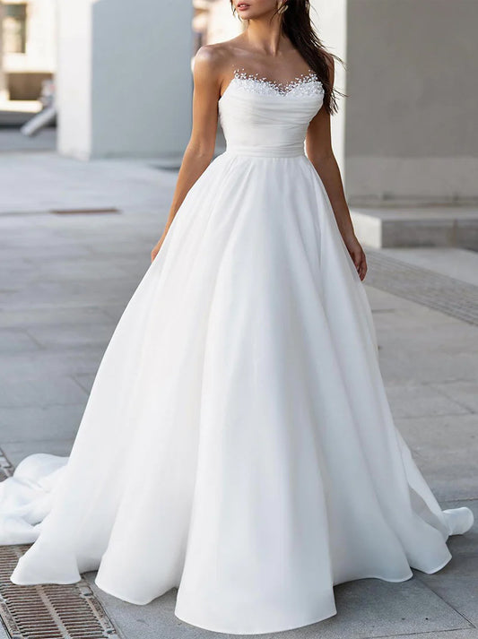 Simple & Elegant A-Line Wedding Dresses Sweetheart Pleated Beads Sleeveless Organza Sweep Train Bridal Gowns