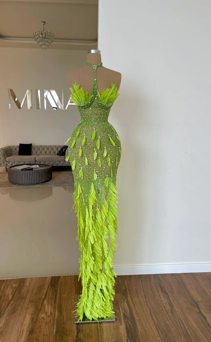 RP663-Sparkling Green Mermaid High Neck Beads Crystals Feathers Sleeveless Floor Length Prom Evening Dresses Formal Party Gowns