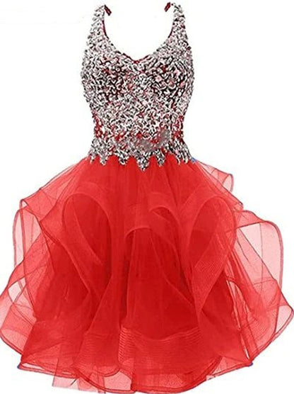 Lovely Sparkling A-Line Sweetheart Spaghetti Straps Crystals Ruffles Tulle Homecoming Dress Graduation Formal Party Gowns Custom