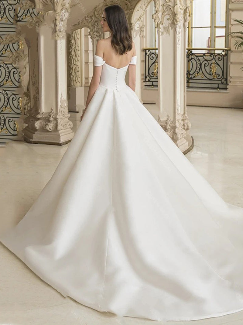 Simple A-Line Wedding Dresses Off The Shoulder Cap Sleeves Buttons Backless Satin Court Train Bridal Gowns Custom Made