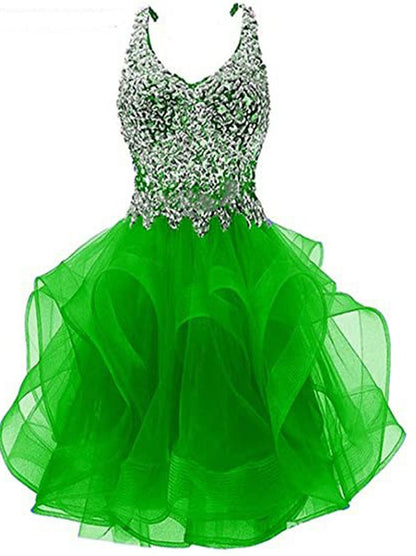 Lovely Sparkling A-Line Sweetheart Spaghetti Straps Crystals Ruffles Tulle Homecoming Dress Graduation Formal Party Gowns Custom