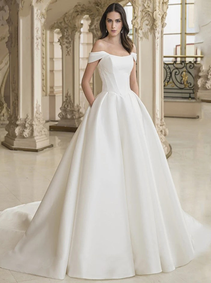 Simple A-Line Wedding Dresses Off The Shoulder Cap Sleeves Buttons Backless Satin Court Train Bridal Gowns Custom Made