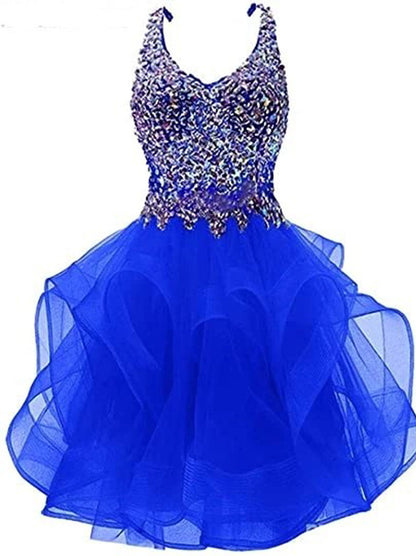 Lovely Sparkling A-Line Sweetheart Spaghetti Straps Crystals Ruffles Tulle Homecoming Dress Graduation Formal Party Gowns Custom