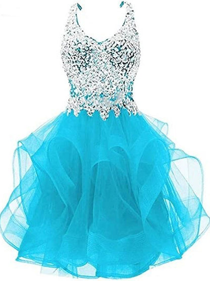 Lovely Sparkling A-Line Sweetheart Spaghetti Straps Crystals Ruffles Tulle Homecoming Dress Graduation Formal Party Gowns Custom