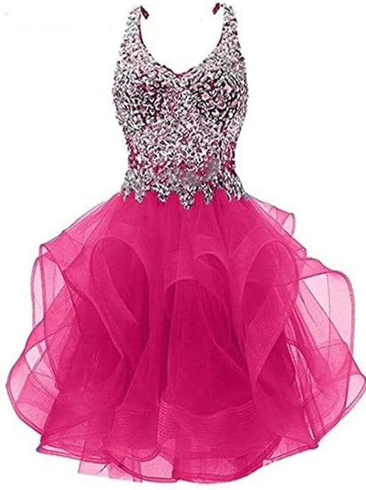 Lovely Sparkling A-Line Sweetheart Spaghetti Straps Crystals Ruffles Tulle Homecoming Dress Graduation Formal Party Gowns Custom