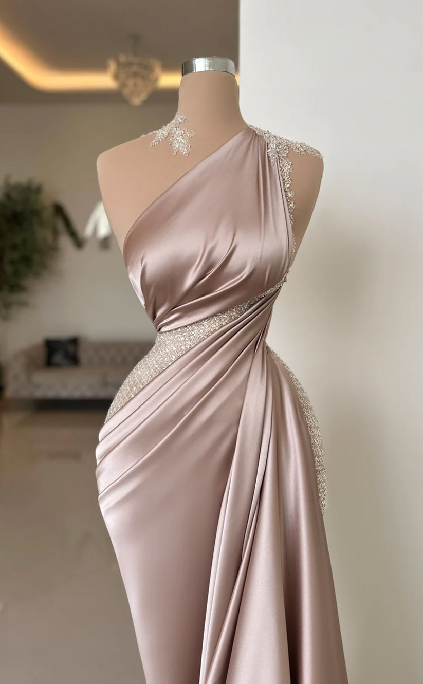 RP661-Eleagnt Champagne Mermaid One Shoulder Beads Sleeveless Floor Length Prom Evening Dresses Formal Party Gowns