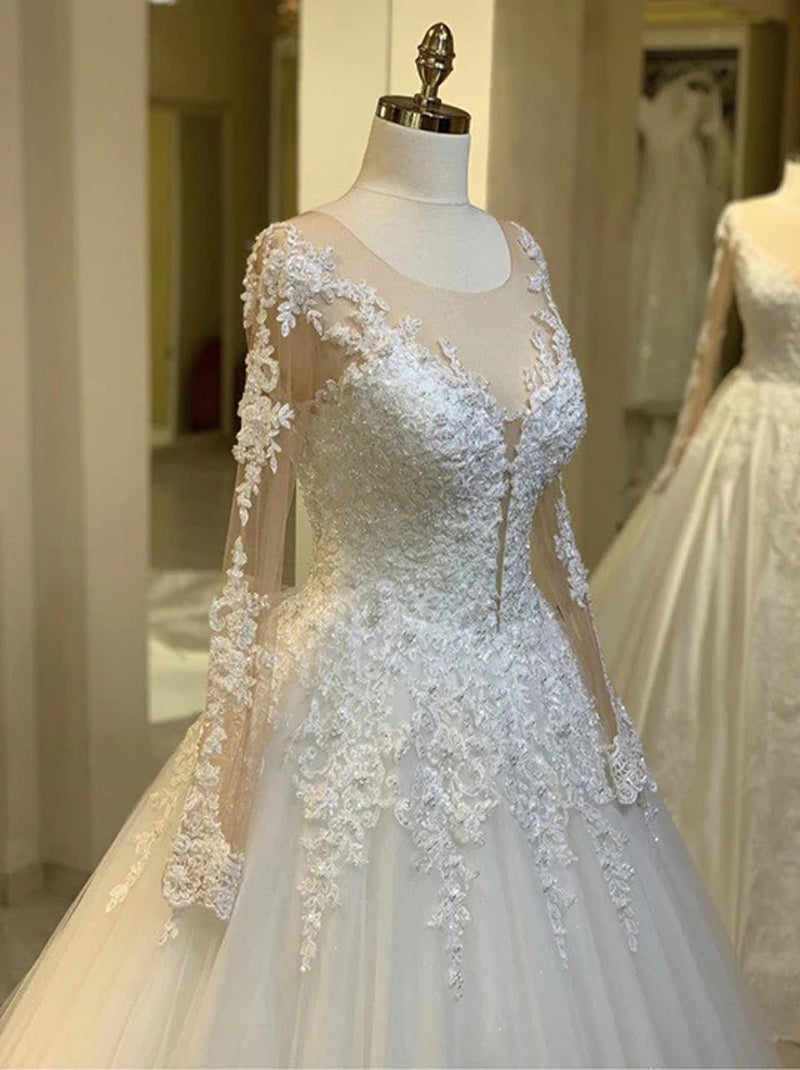 Charming Ball Gown Wedding Dresses Illusion Scoop Long Sleeves Appliqued Beads Tulle Sweep Train Bridal Gowns Custom Made