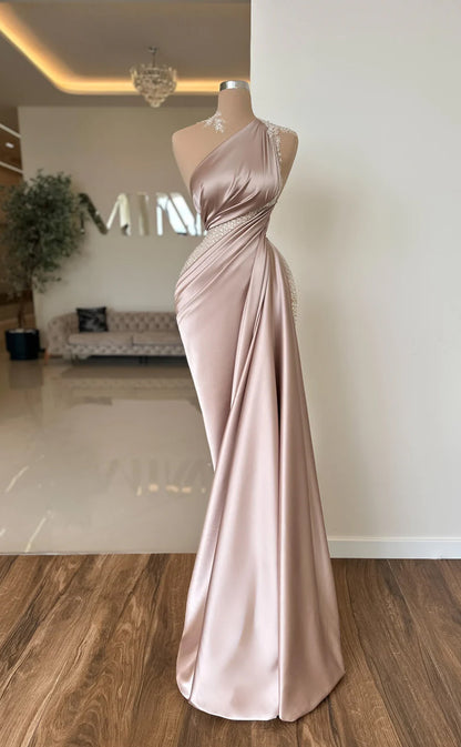 RP661-Eleagnt Champagne Mermaid One Shoulder Beads Sleeveless Floor Length Prom Evening Dresses Formal Party Gowns