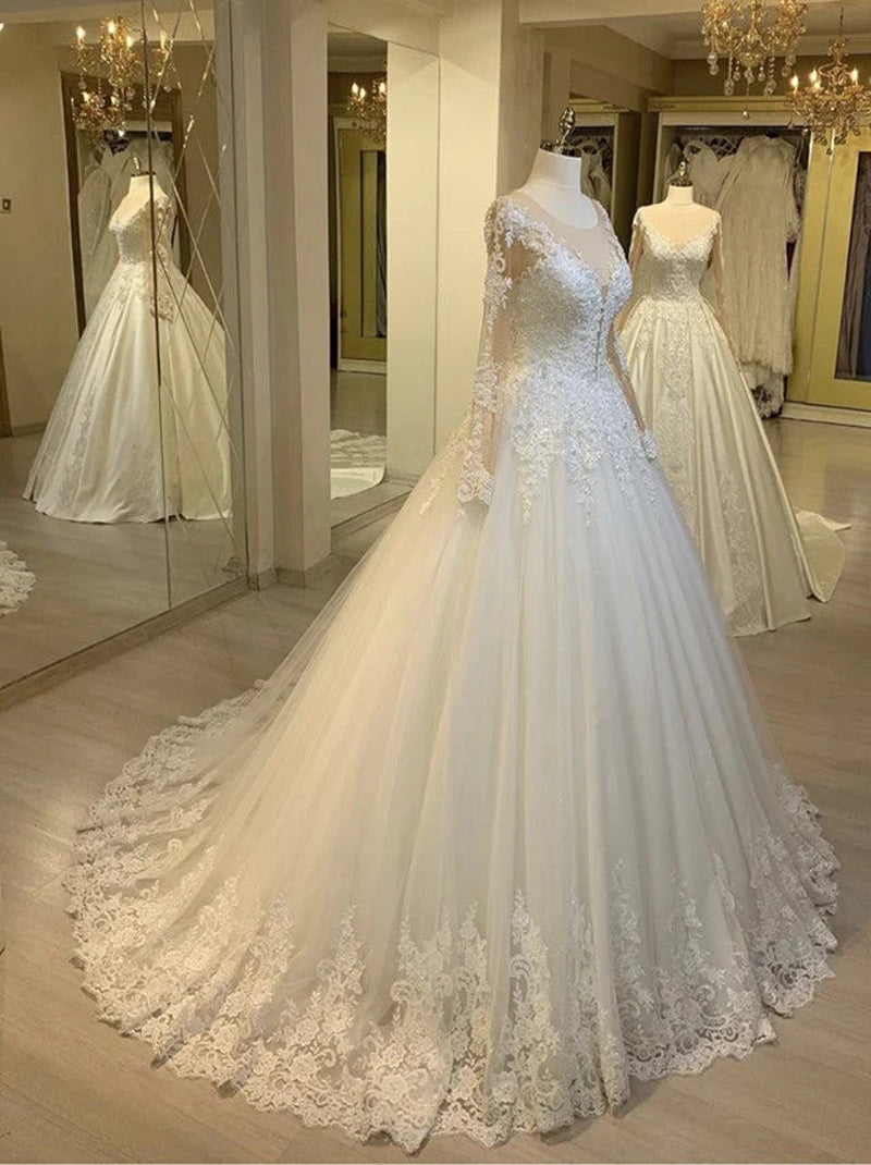 Charming Ball Gown Wedding Dresses Illusion Scoop Long Sleeves Appliqued Beads Tulle Sweep Train Bridal Gowns Custom Made