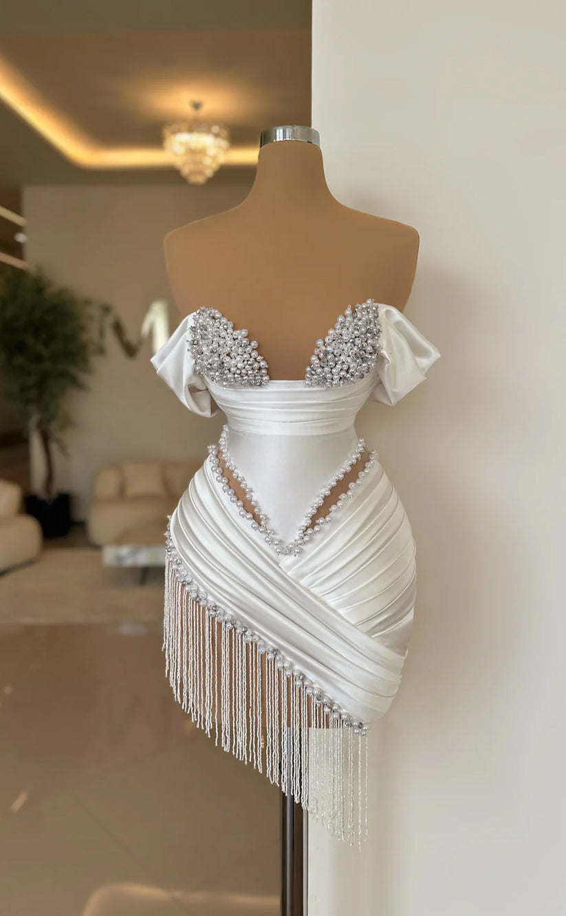 RP672-Cute White Mermaid Off-the-Shoulder Pearls Ruched Tassel Cap Sleeves Satin Short Prom Evening Dresses Formal Party Gowns