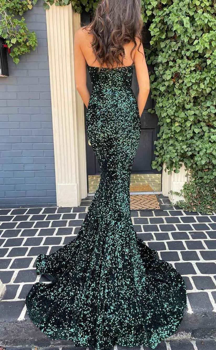 RP139-Sparkling Mermaid Sweetheart Sequins Sleeveless Long Prom Evening Formal Party Gowns With Slit