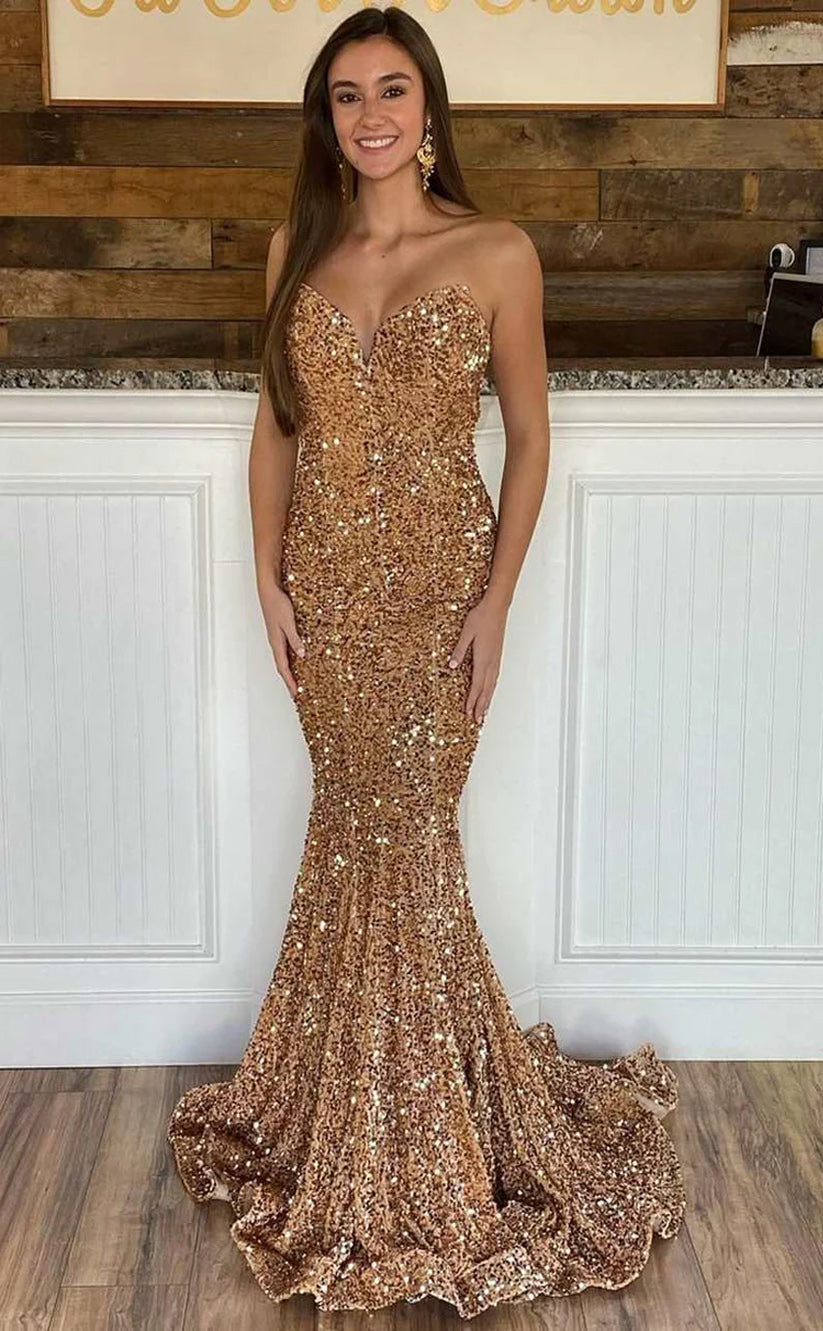 RP139-Sparkling Mermaid Sweetheart Sequins Sleeveless Long Prom Evening Formal Party Gowns With Slit