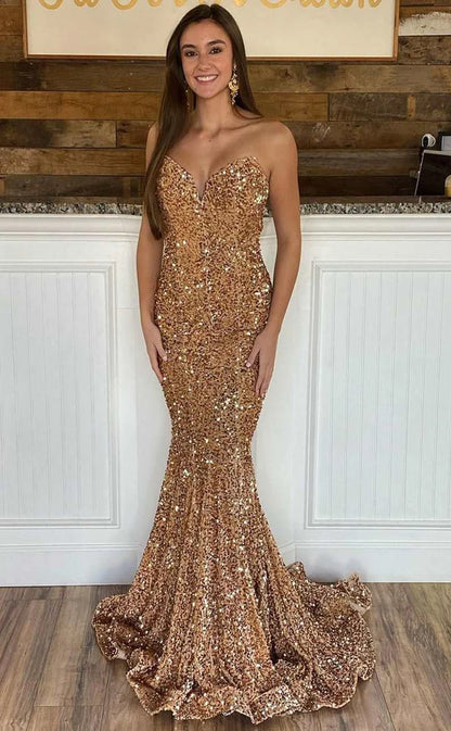 RP139-Sparkling Mermaid Sweetheart Sequins Sleeveless Long Prom Evening Formal Party Gowns With Slit
