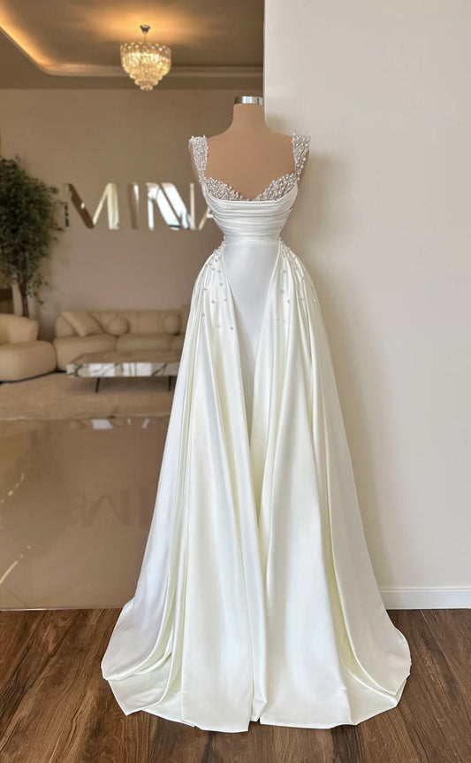 RP671-Elegant White Mermaid Sweetheart Pearls Ruched Cap Sleeves Satin Long Prom Evening Dresses Formal Party Gowns