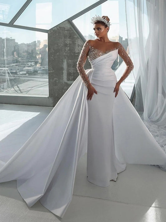 Luxurious & Elegant Mermaid Wedding Dresses Scoop Beads Pleated Satin Court Train Bridal Gowns With Illusion Long Sleeves