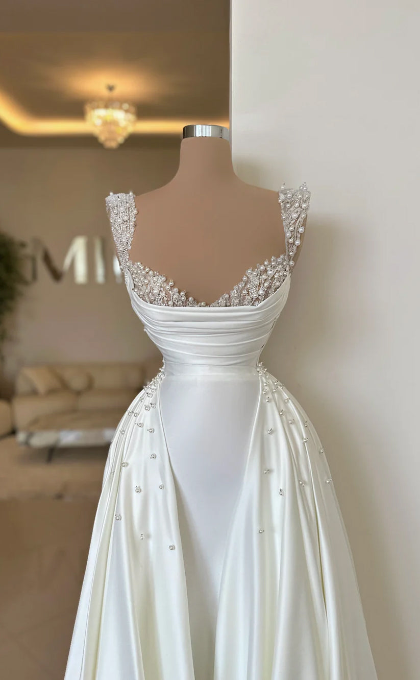 RP671-Elegant White Mermaid Sweetheart Pearls Ruched Cap Sleeves Satin Long Prom Evening Dresses Formal Party Gowns