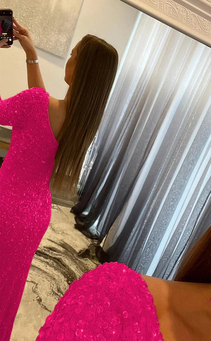 RP140-Hot Pink Mermaid One Shoulder Sequins Sleeveless Long Prom Evening Formal Party Gowns With Slit
