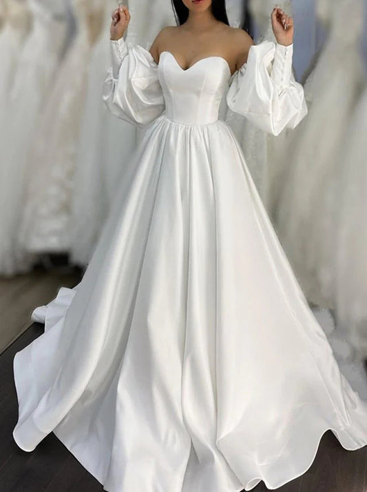 Elegant Ball Gown Wedding Dresses Sweetheart Pleated Detachable Puffy Sleeves Lace Up Sweep Train Satin Bridal Gowns Custom Made