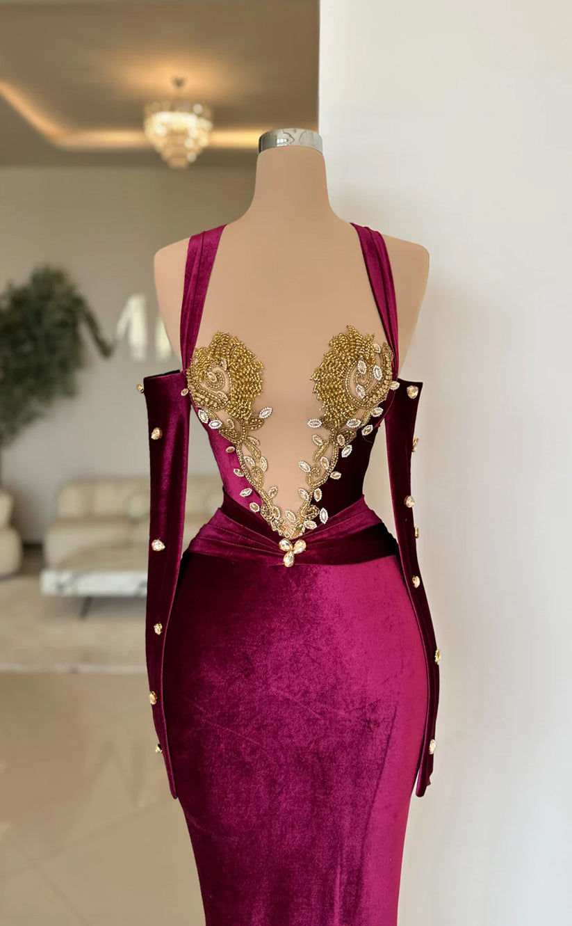 RP668-Gorgeous Burgundy Mermaid Halter Crystals Beads Long Sleeves Velvet Long Prom Evening Dresses Formal Party Gowns