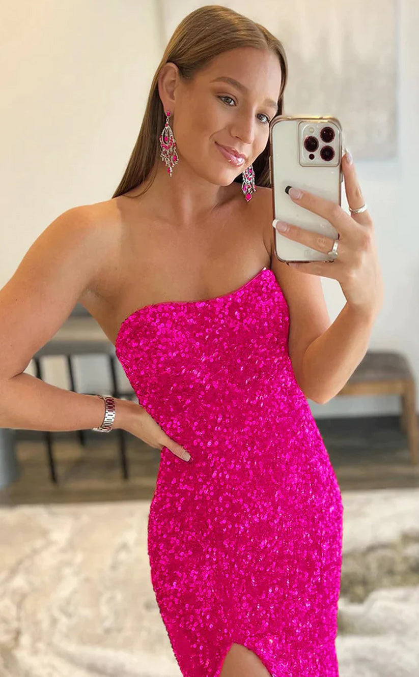 RP141-Hot Pink Mermaid Strapless Sequins Sleeveless Long Prom Evening Dress Formal Party Gowns With Slit