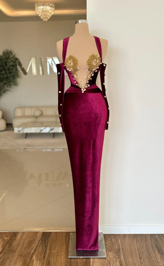 RP668-Gorgeous Burgundy Mermaid Halter Crystals Beads Long Sleeves Velvet Long Prom Evening Dresses Formal Party Gowns