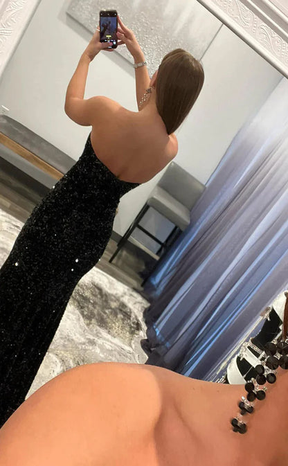 RP141-Hot Pink Mermaid Strapless Sequins Sleeveless Long Prom Evening Dress Formal Party Gowns With Slit