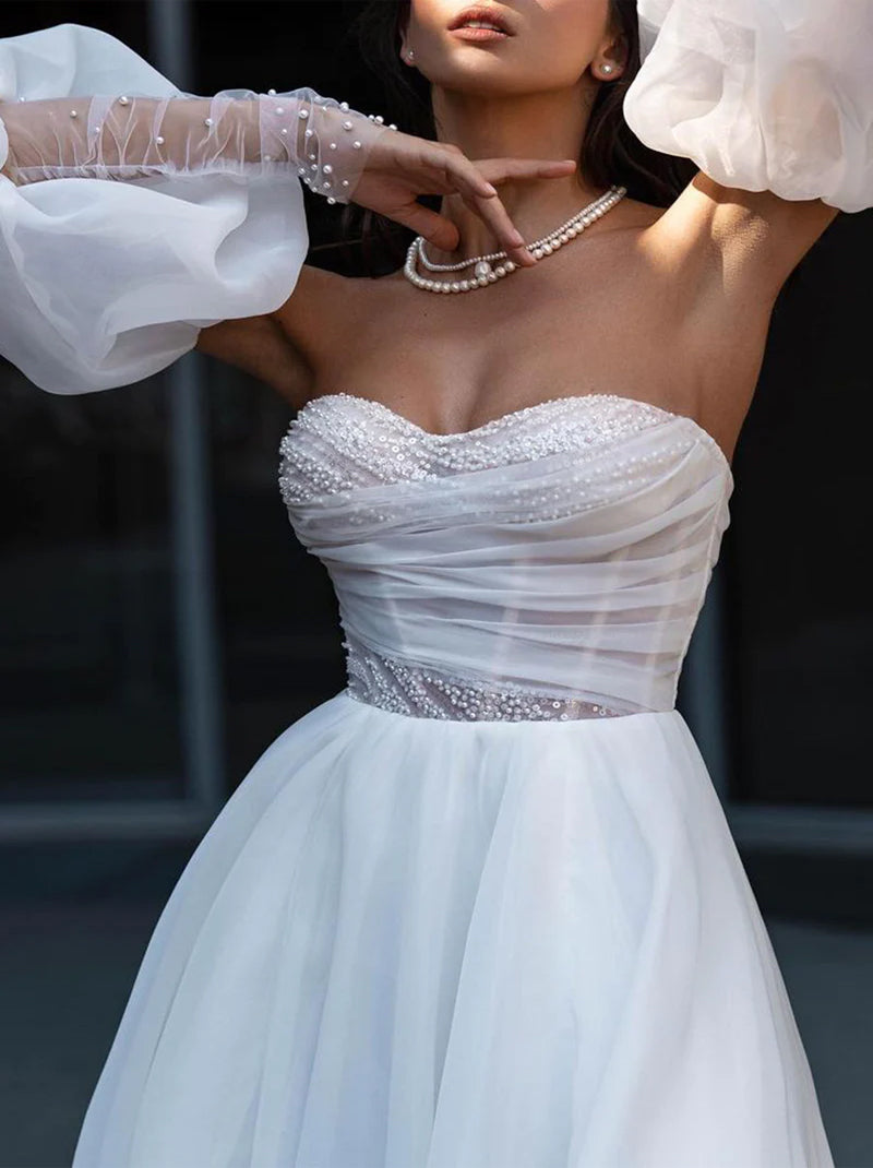 Simple & Elegant A-Line Wedding Dresses Sweetheart Pleated Beads Detachable Long Sleeves Tulle Sweep Train Bridal Gowns With Slit