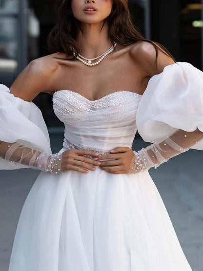 Simple & Elegant A-Line Wedding Dresses Sweetheart Pleated Beads Detachable Long Sleeves Tulle Sweep Train Bridal Gowns With Slit