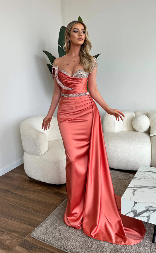 RP669-Elegant Orange Mermaid Illusion Neck Crystals Beads Cap Sleeves Satin Long Prom Evening Dresses Formal Party Gowns