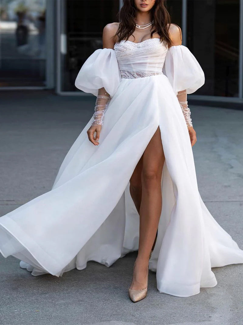 Simple & Elegant A-Line Wedding Dresses Sweetheart Pleated Beads Detachable Long Sleeves Tulle Sweep Train Bridal Gowns With Slit