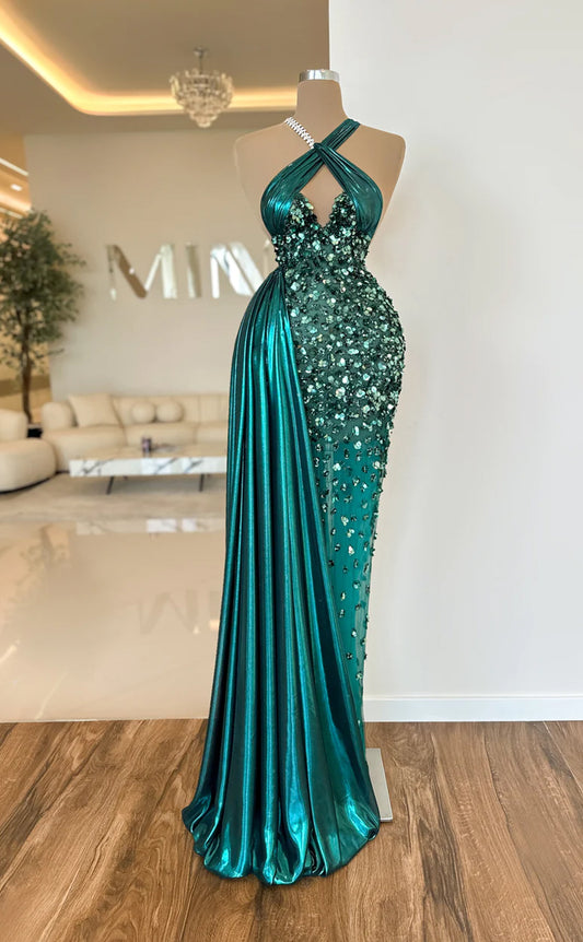 RP667-Sparkling Green Mermaid Halter Crystals Sequins Sleeveless Long Prom Evening Dresses Formal Party Gowns