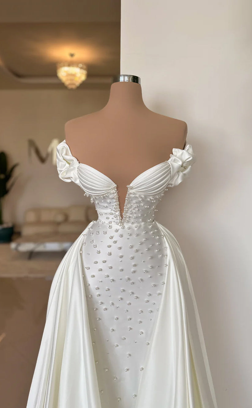 RP670-Elegant White Mermaid Off-the-Shoulder Pearls Ruched Cap Sleeves Satin Long Prom Evening Dresses Formal Party Gowns