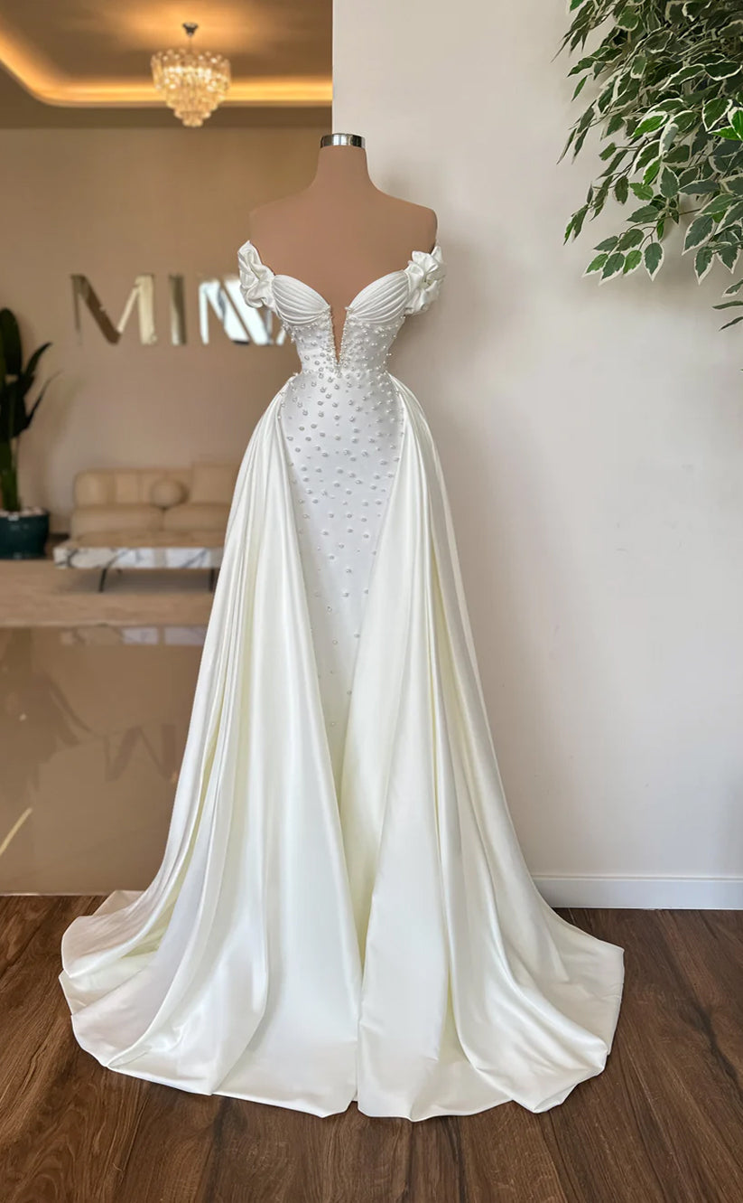 RP670-Elegant White Mermaid Off-the-Shoulder Pearls Ruched Cap Sleeves Satin Long Prom Evening Dresses Formal Party Gowns