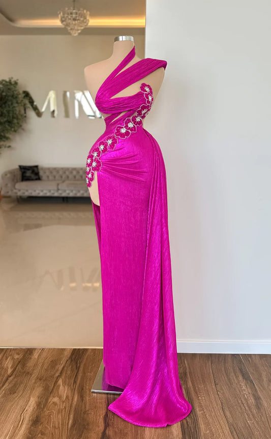 RP665-Eleagnt Fuchsia Mermaid One Shoulder Beads Appliqued Sleeveless Floor Length Prom Evening Dresses Formal Party Gowns With Slit