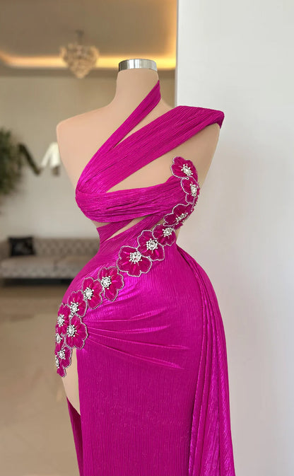 RP665-Eleagnt Fuchsia Mermaid One Shoulder Beads Appliqued Sleeveless Floor Length Prom Evening Dresses Formal Party Gowns With Slit