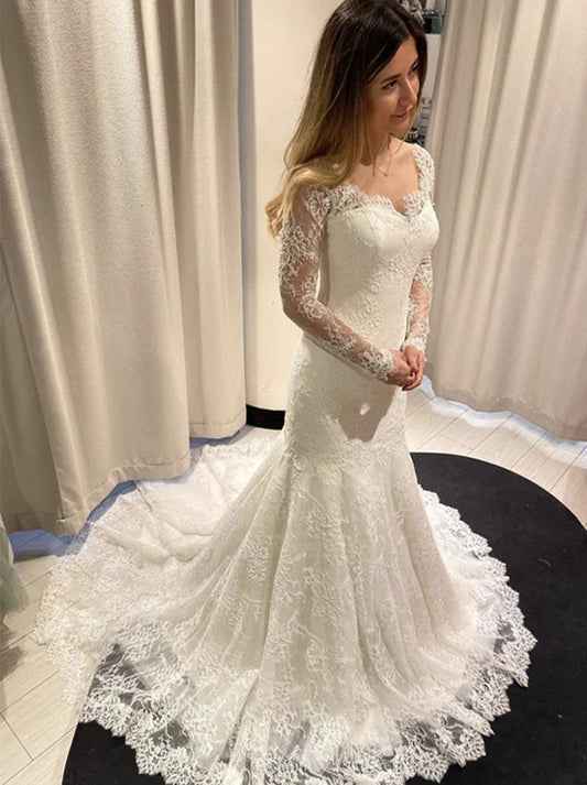 Chaming Mermaid Wedding Dresses Sweetheart Appliqued Long Sleeves Zipper Lace Sweep Train Bridal Gowns Custom Design