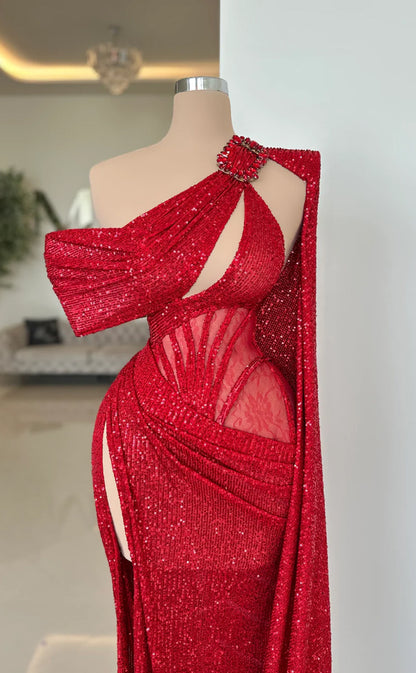 RP664-Eleagnt Red Mermaid One Shoulder Sequins Sleeveless Floor Length Prom Evening Dresses Formal Party Gowns With Slit