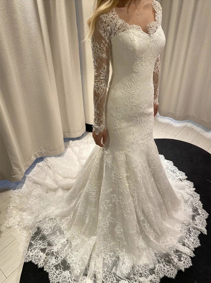 Chaming Mermaid Wedding Dresses Sweetheart Appliqued Long Sleeves Zipper Lace Sweep Train Bridal Gowns Custom Design