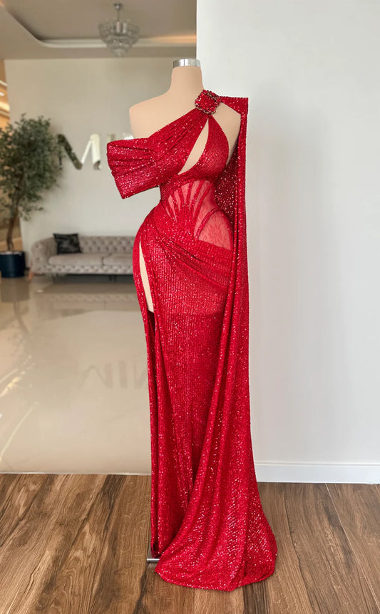 RP664-Eleagnt Red Mermaid One Shoulder Sequins Sleeveless Floor Length Prom Evening Dresses Formal Party Gowns With Slit