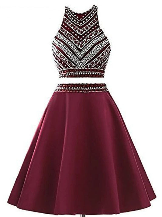 Elegant Two Pieces A-Line High-Neck Crystals Beaded Zipper Satin Homecoming Graduation Dresses Party Gown Formal Formal Pageant Gowns