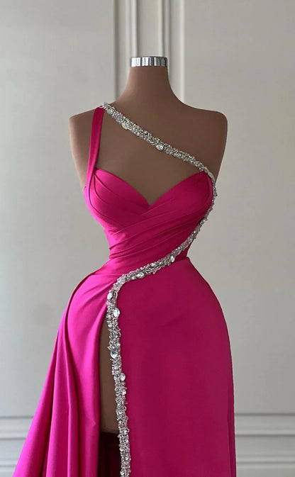 RP381-Gorgeous Hot Pink Mermaid One Shoulder Beads Sequins Long Prom Evening Dresses Formal Party Gowns With Slit