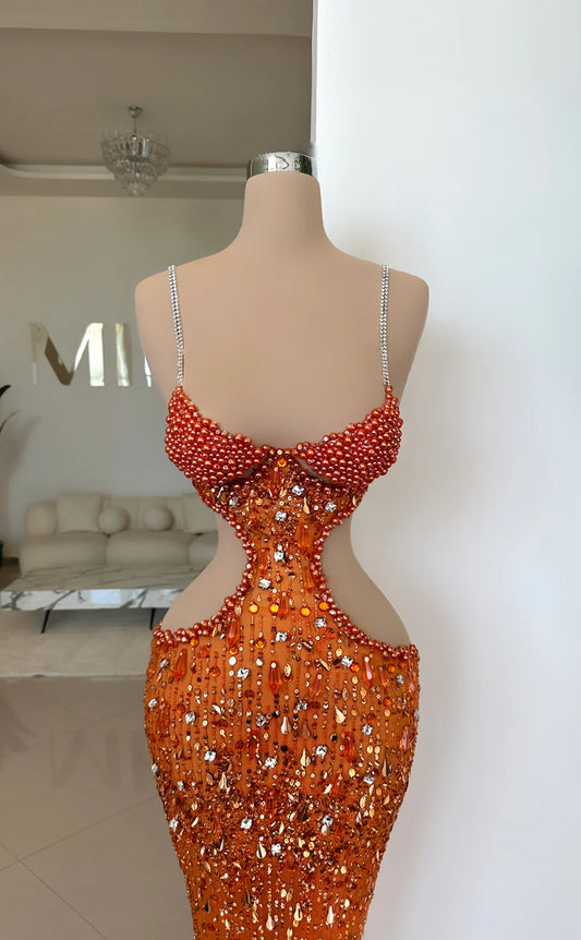 RP666-Luxurious Orange Mermaid Spaghetti Beads Crystals Pearls Sleeveless Floor Length Prom Evening Dresses Formal Party Gowns With Slit