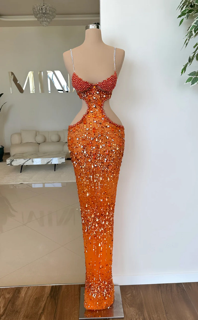 RP666-Luxurious Orange Mermaid Spaghetti Beads Crystals Pearls Sleeveless Floor Length Prom Evening Dresses Formal Party Gowns With Slit