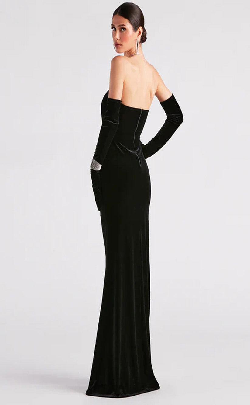RP080-Elegant Black Mermaid Strapless Side Slit Pleated Floor Length Velvet Prom Dresses Formal Party Evening Gowns