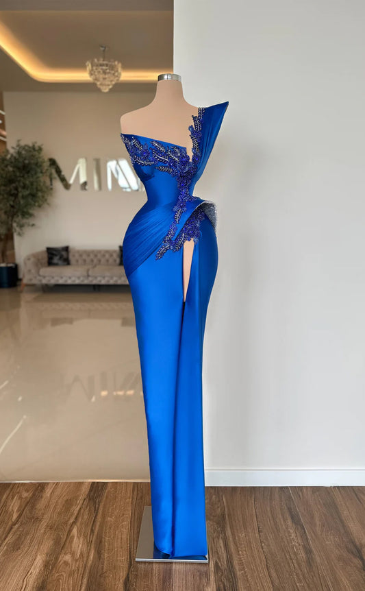 RP678-Eleagnt Royal Blue Mermaid One Shoulder Beads Ruched Sleeveless Floor Length Prom Evening Dresses Formal Party Gowns With Slit